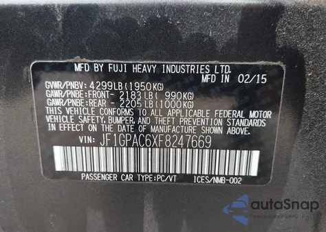 2015 Subaru Impreza 2.0I Premium from USA, damaged, VIN JF1GPAC6XF8247669